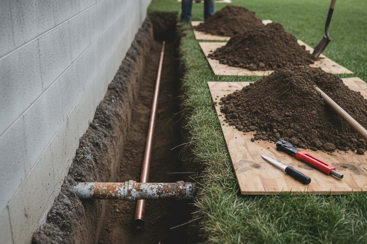 Excavated water line trench during Sewer Line Repair in Key Colony Beach